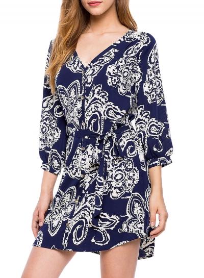 Oasap Women's Fashion V Neck 3/4 Sleeve Floral Print Mini Dress With Belt