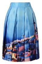 Oasap Blue Panoramic Print Pleated Swing Skirt