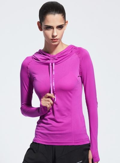 Oasap Women's Funnel Neck Drawstring Hooded Sports Top With Thumb Hole