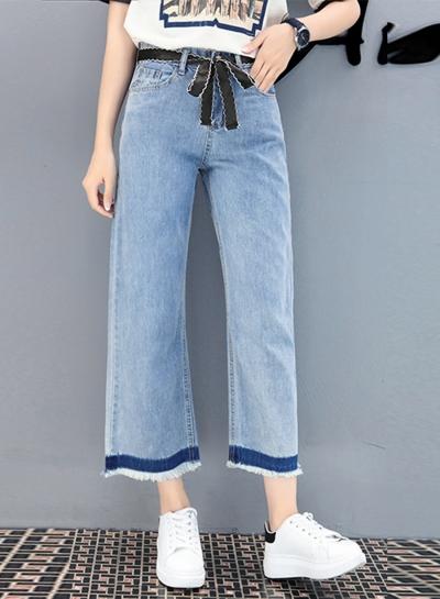 Oasap Color Block High Waist Wide Leg Denim Pants