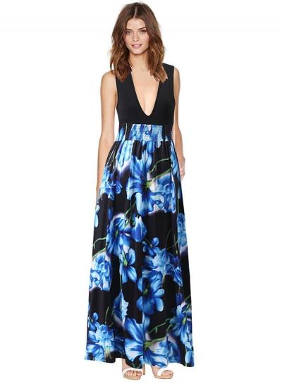 Oasap Deep V Neck Sleeveless Floral Printed Maxi Dress