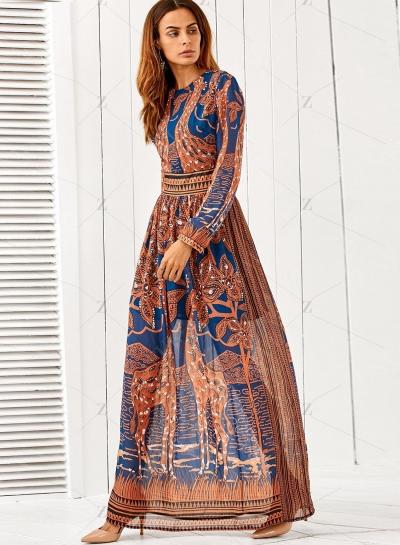 Oasap Bohemian Style Long Sleeve Pattern Print Maxi Dress