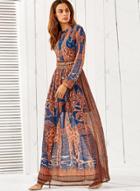 Oasap Bohemian Style Long Sleeve Pattern Print Maxi Dress