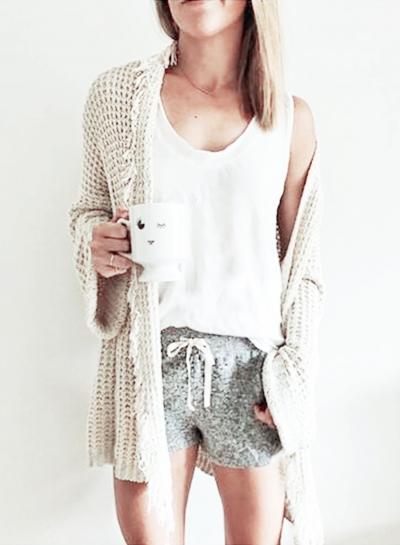 Oasap Solid Color Long Sleeve Open Front Fringe Sweater With Pockets