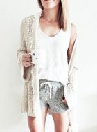 Oasap Solid Color Long Sleeve Open Front Fringe Sweater With Pockets