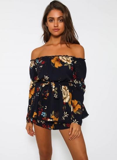 Oasap Off Shoulder Long Sleeve Floral Printed Romper With Belt