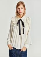 Oasap Cascading Ruffles Color Block Bow Tie Long Sleeve Blouse