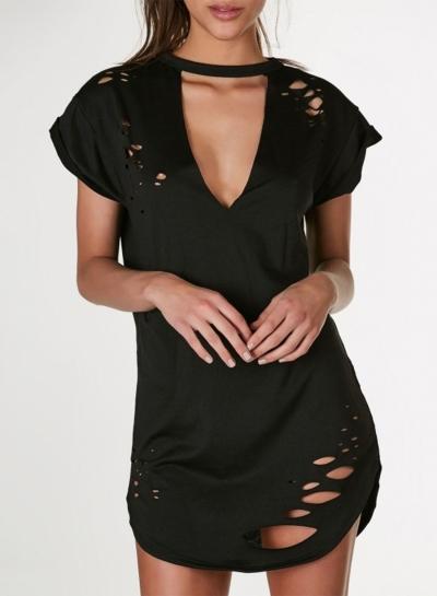 Oasap V Neck Short Sleeve Ripped Mini Dress