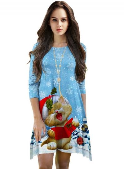 Oasap Round Neck Half Sleeve Christmas Printed Midi Dress