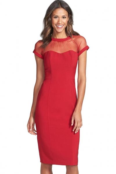 Oasap Red Illusion Yoke Crepe Sheath Midi Dress
