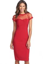 Oasap Red Illusion Yoke Crepe Sheath Midi Dress