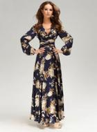 Oasap V Neck Lantern Sleeve Floral Print Maxi Dress