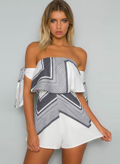 Oasap Off Shoulder Geometric Print Bow Tie Cuff Romper