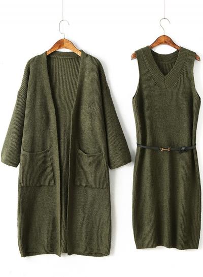 Oasap Knitted Cardigan Sleeveless Long Sweater Set