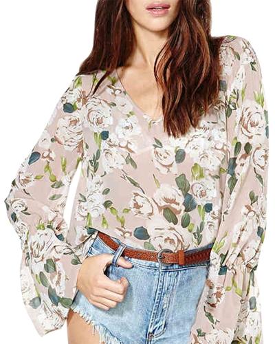 Oasap Women's Floral Print V Neck Flare Sleeve Chiffon Blouse