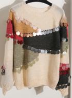 Oasap Round Neck Long Sleeve Color Block Sequins Decoration Sweater