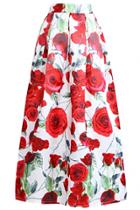 Oasap Red Rose Floral Print Pleated Swing Skirt