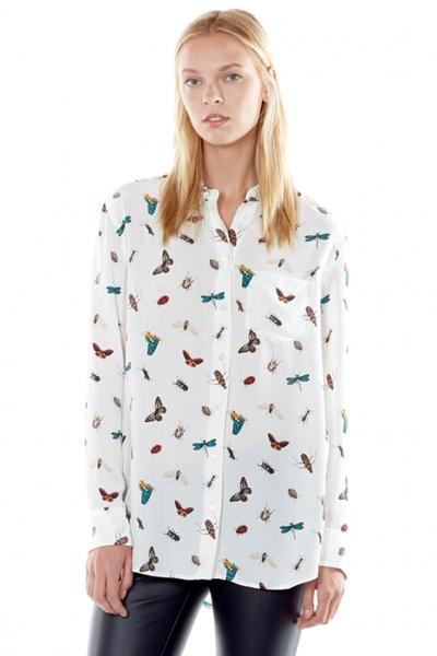 Oasap Puny Insects Print Chiffon Button Down Shirt