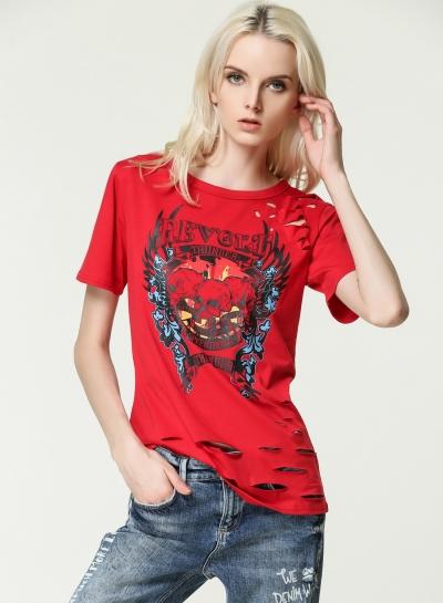 Oasap Skull Printed Short Sleeve Ripped Tee