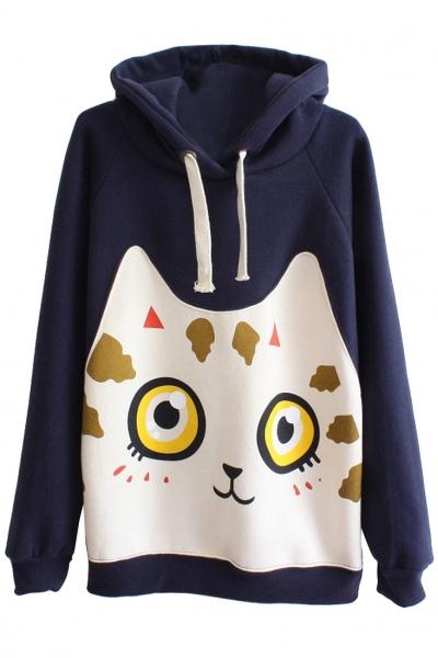 Oasap Sweet Cat Cartoon Pattern Drawstring Hoodie