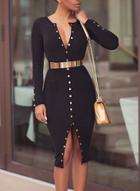 Oasap Long Sleeve High Slit Midi Dress With Belt