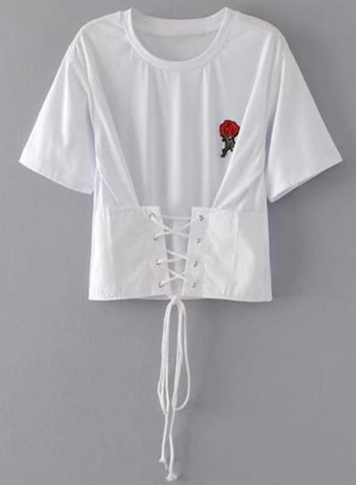 Oasap Embroidery Applique Lace Up Short Sleeve T-shirt