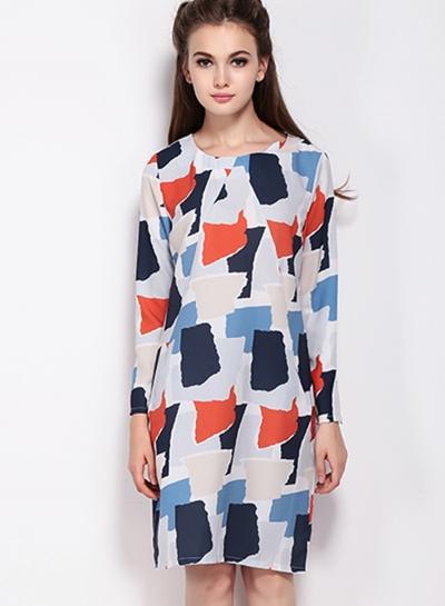 Oasap Women's Geometric Print Retro Two Side Pockets Dress