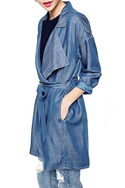 Oasap Simple Shawl Collar Tie Waist Long Sleeve Denim Coat