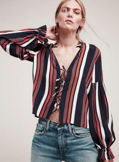 Oasap Vintage Striped Pattern Lace Up Front Blouse