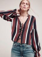 Oasap Vintage Striped Pattern Lace Up Front Blouse