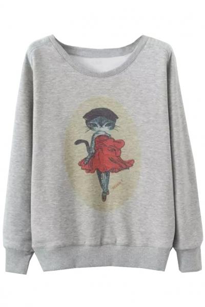 Oasap Dancing Cat Light Grey Sweatshirt