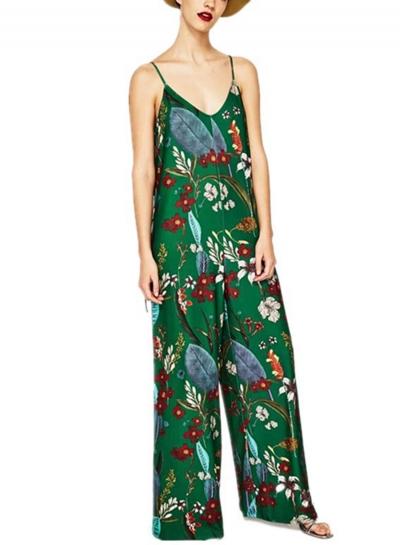 Oasap Spaghetti Strap Floral Print Wide Leg Jumpsuit With Belt