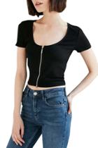 Oasap Women's Casual Short Sleeve Zippered Front Crop Top Tee