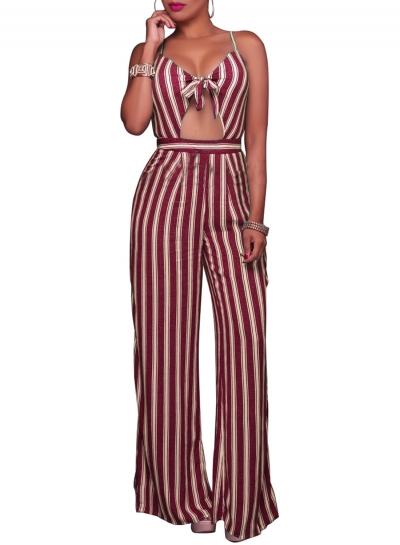 Oasap V Neck Sleeveless Stripe Wide Leg Jumpsuit