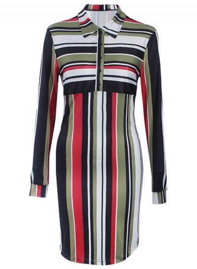 Oasap Women's Casual Buttons Front Long Sleeve Striped Shirt Dress