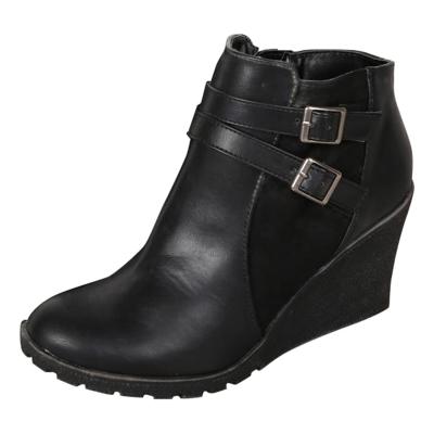 Oasap Round Toe Wedge Heels Buckle Strap Side Zipper Boots