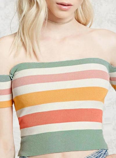 Oasap Off Shoulder Short Sleeve Striped Knitted Cropped Tee