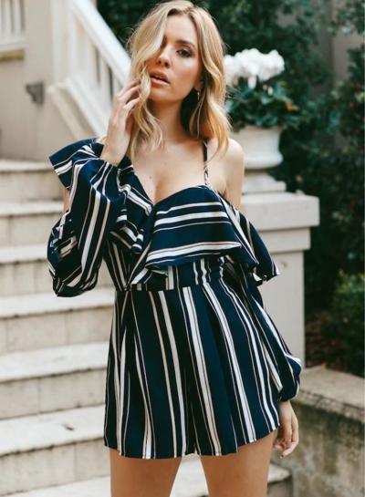 Oasap Spaghetti Strap One Shoulder Long Sleeve Irregular Striped Romper