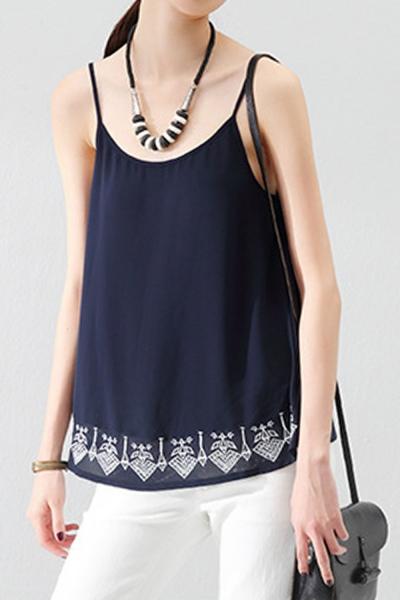 Oasap Women's Casual Embroidery Spaghetti Strap Chiffon Blouse