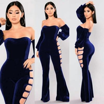Oasap Off Shoulder Long Sleeve Velvet Flared Jumpsuit