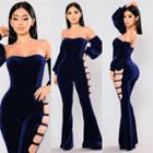 Oasap Off Shoulder Long Sleeve Velvet Flared Jumpsuit
