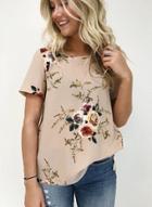 Oasap Loose Floral Printed Short Sleeve Round Neck Blouse
