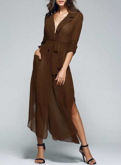 Oasap Solid Color Turn-down Collar 3/4 Sleeve Slit Long Dress