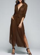 Oasap Solid Color Turn-down Collar 3/4 Sleeve Slit Long Dress
