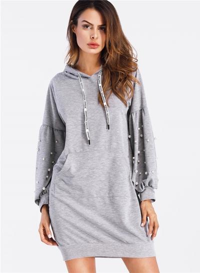 Oasap Fashion Pearls Balloon Sleeve Hoodie Dress
