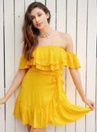 Oasap Off Shoulder Backless Ruffle Short Sleeve Solid Dress