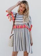 Oasap Fashion Casual Striped Short Sleeve Round Neck Midi Dress With Tassels