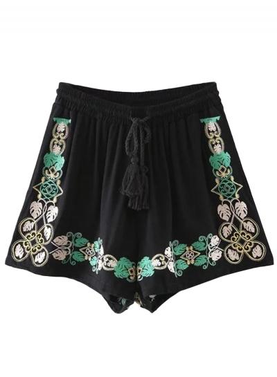 Oasap Women's National Wind Embroidery Print Elastic Waist Shorts