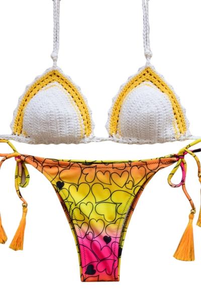 Oasap Hot Crochet Heart Print Side Tie Two Piece Swimsuit
