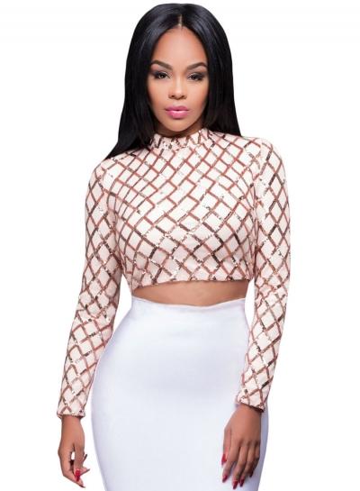 Oasap Long Sleeve Diamond Sequin Crop Top